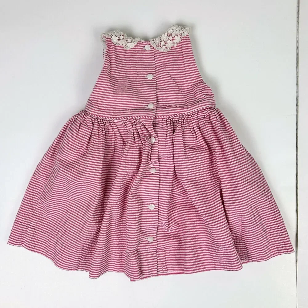 Ralph Lauren Pink White Stripe Seersucker Lace Collar Flouncy Baby Dress 12 Mnth